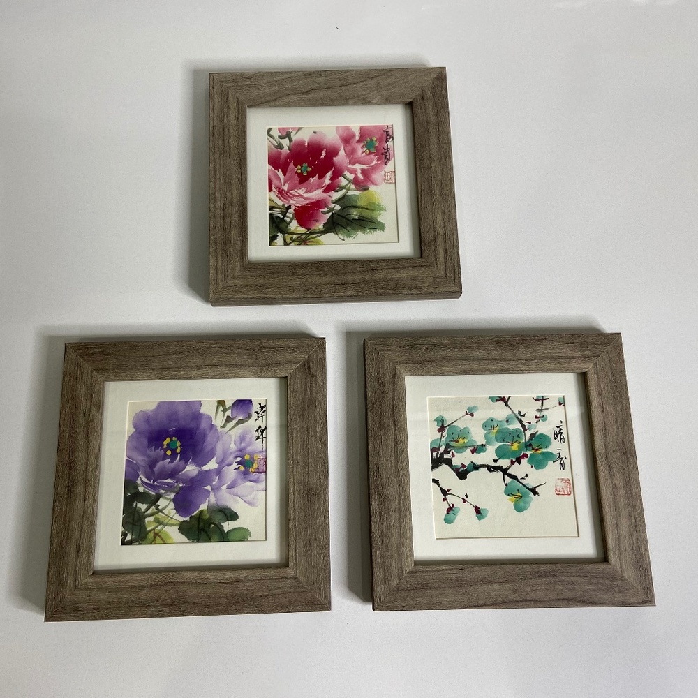 Three Square Framed & Matted Chinese Floral Prints; 6.5” x 6.5”; San Francisco